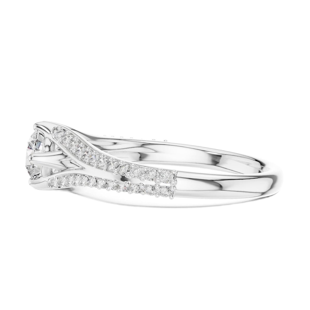 White gold pavé split-shank engagement ring with round center diamond, profile view