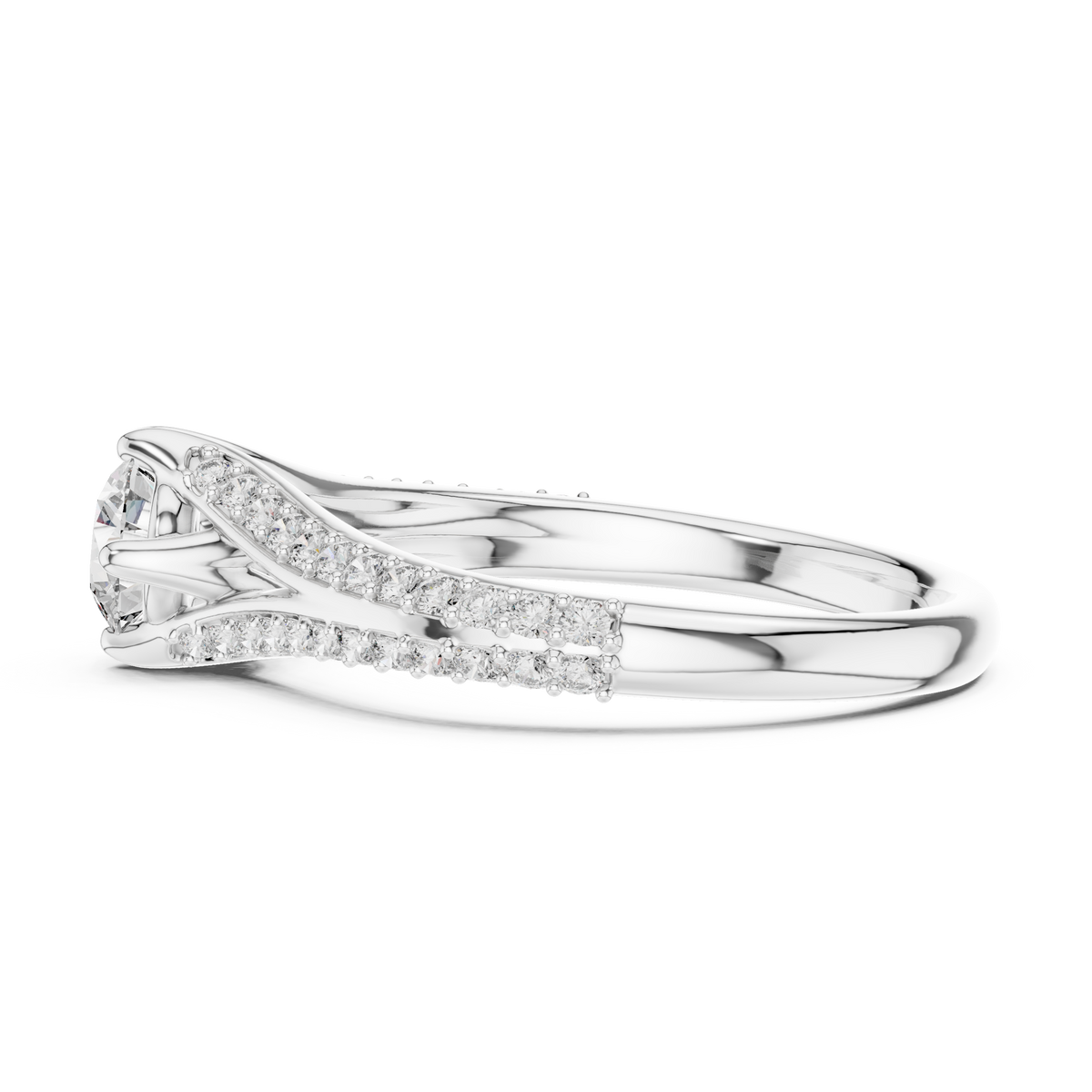 White gold pavé split-shank engagement ring with round center diamond, profile view