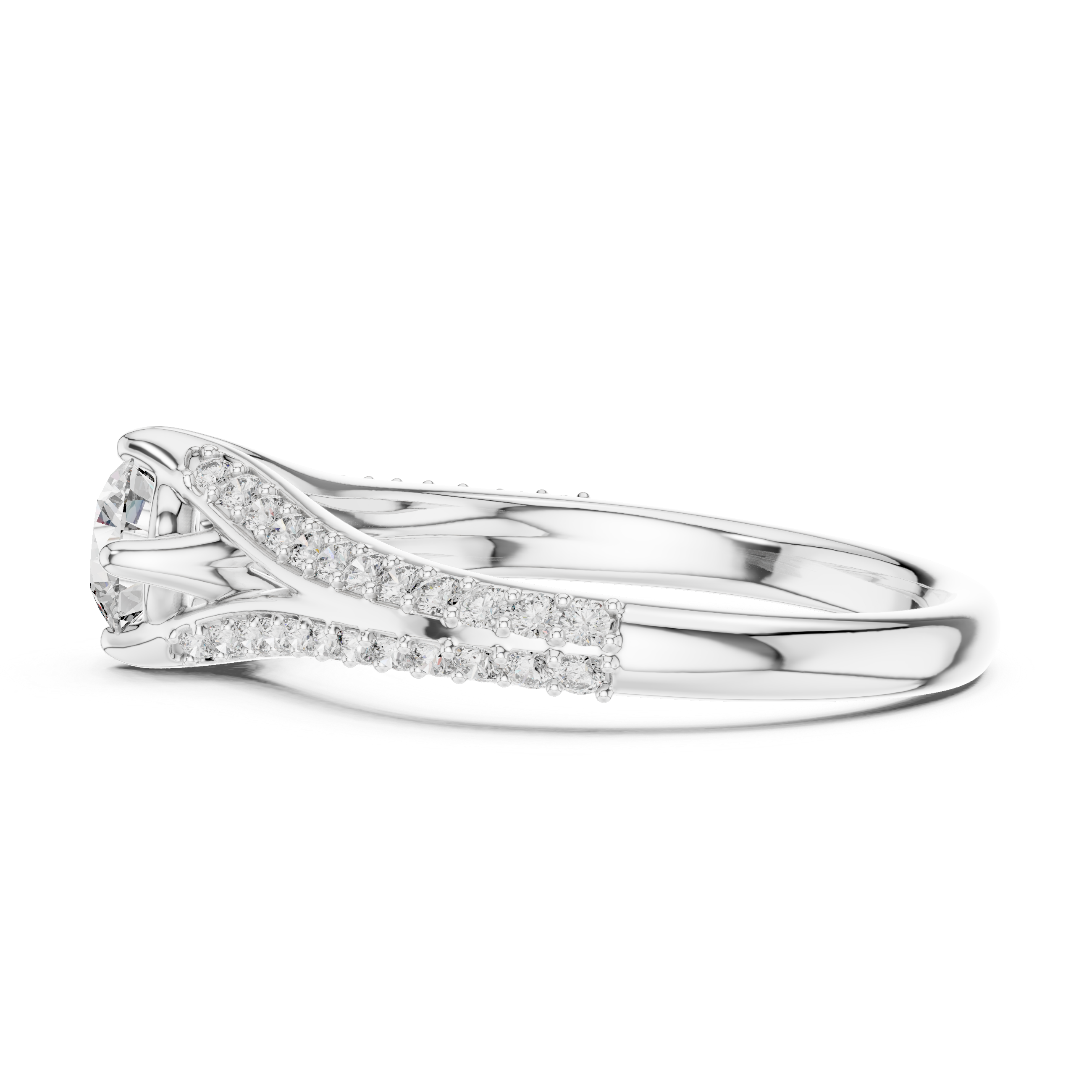 White gold pavé split-shank engagement ring with round center diamond, profile view
