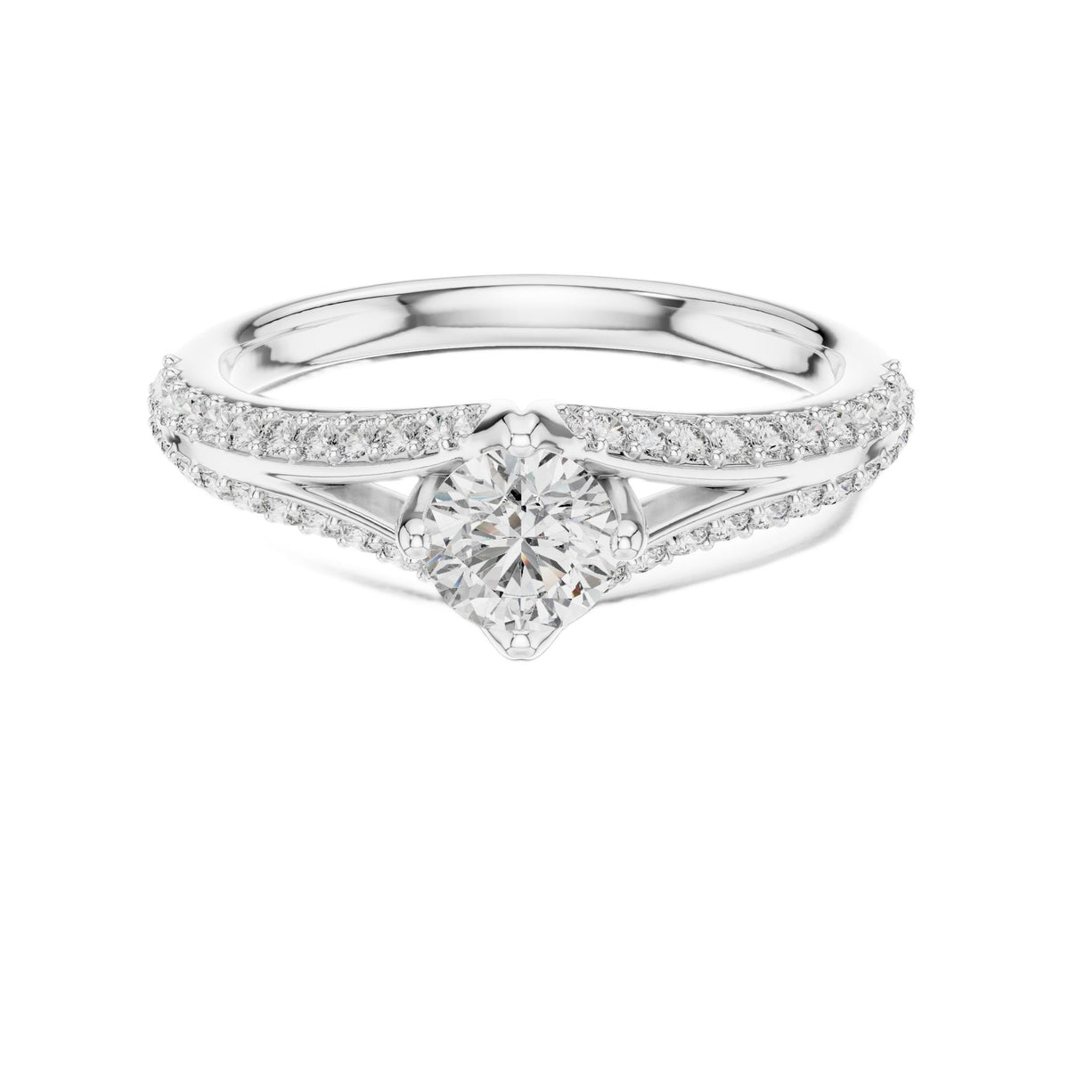 White gold pavé split-shank engagement ring with round center diamond, top view