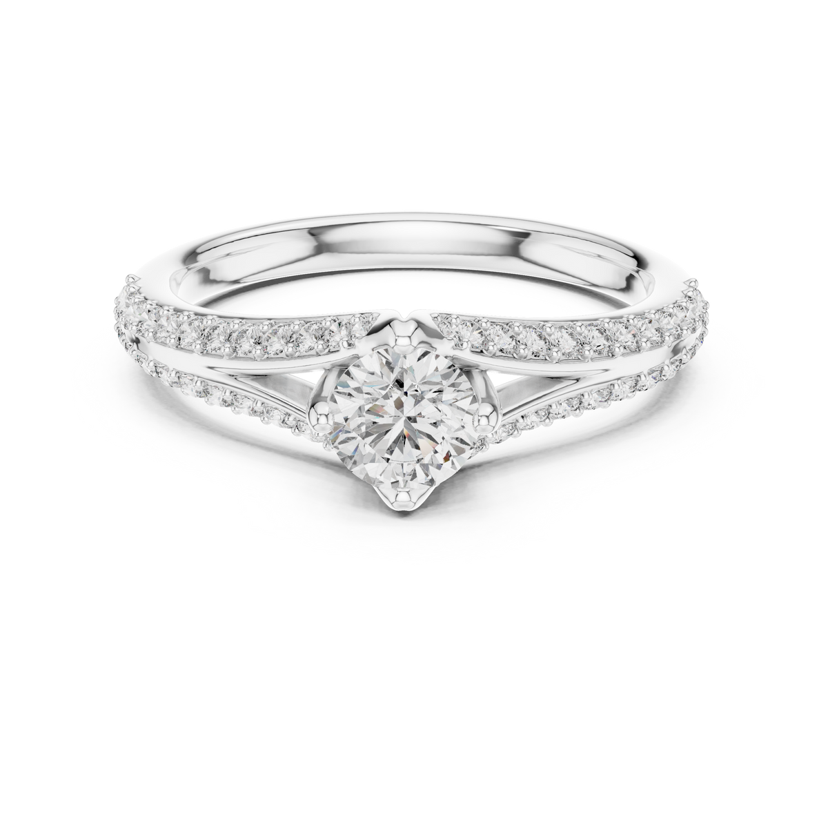 White gold pavé split-shank engagement ring with round center diamond, top view