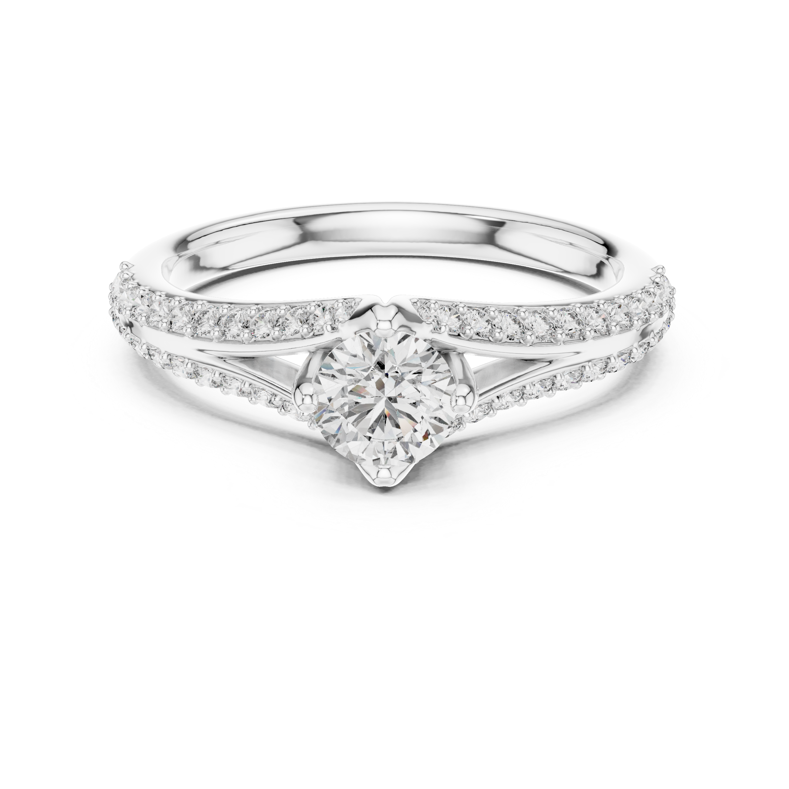 White gold pavé split-shank engagement ring with round center diamond, top view
