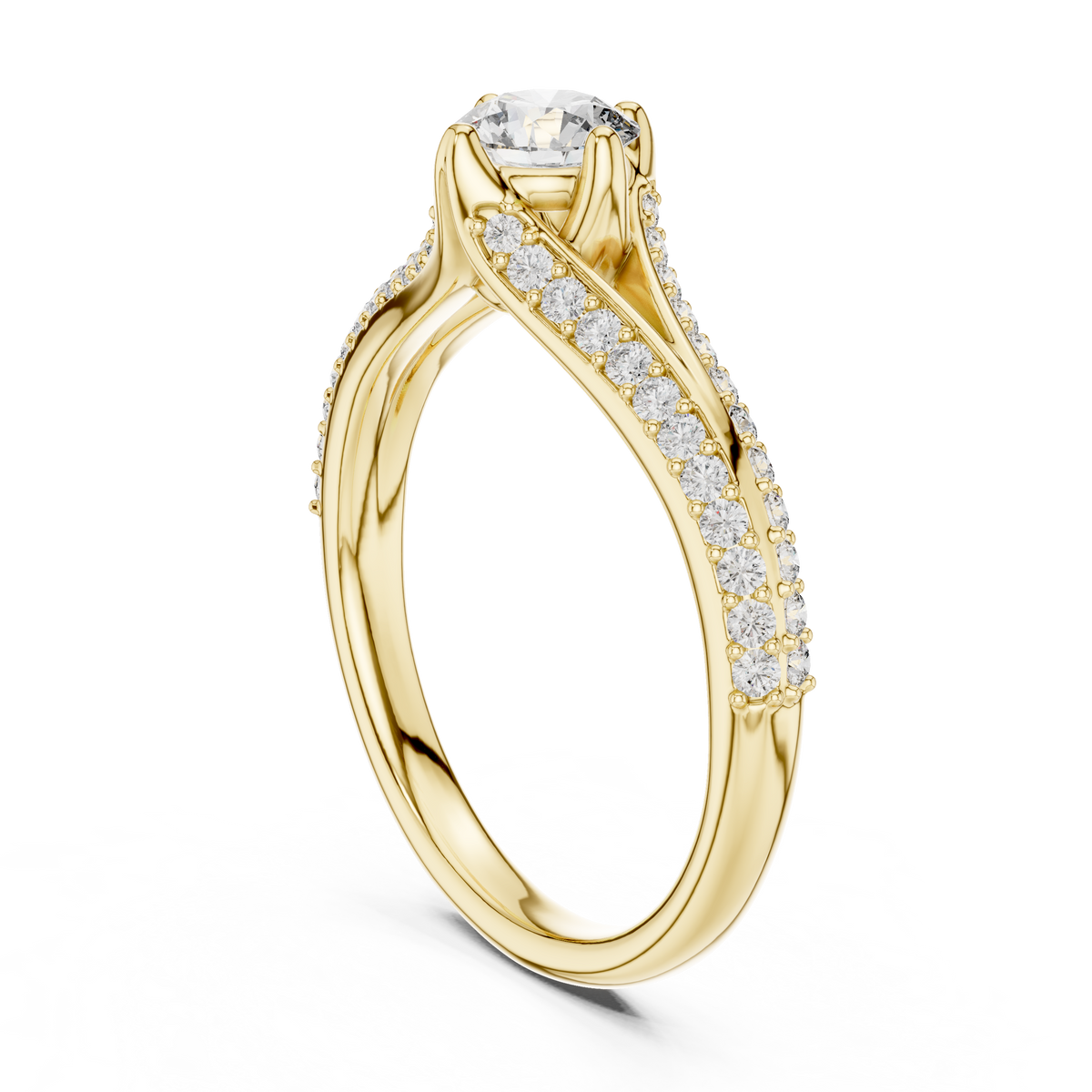 Yellow gold split shank diamond ring with round center stone and pavé side accents