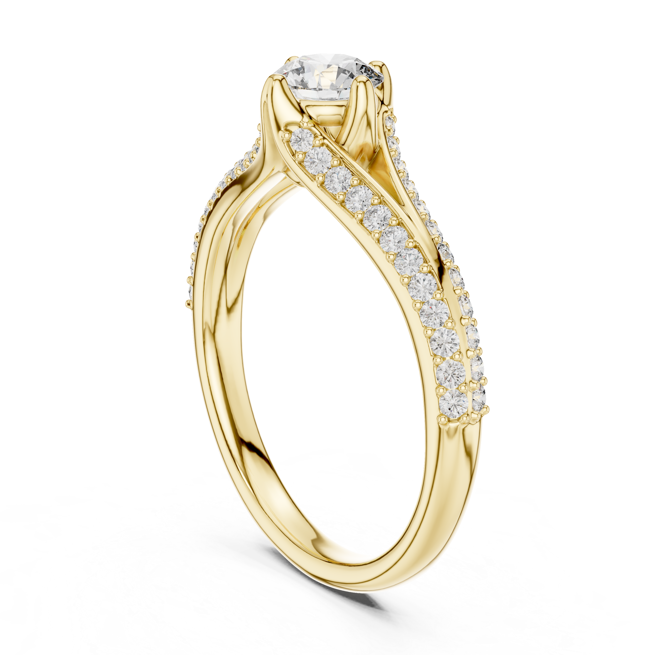 Yellow gold split-shank pavé engagement ring with round center diamond, side view