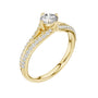 Yellow gold split shank diamond ring with round center stone and pavé shank details
