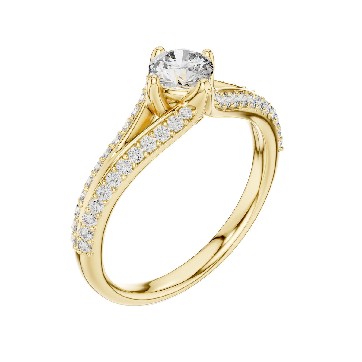 Yellow gold split shank diamond ring with round center stone and pavé shank details