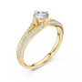 Yellow gold split shank diamond ring with round center stone and pavé shank details