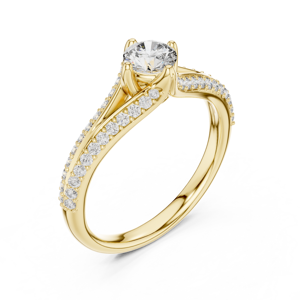Yellow gold split-shank pavé engagement ring with round center diamond, three-quarter view