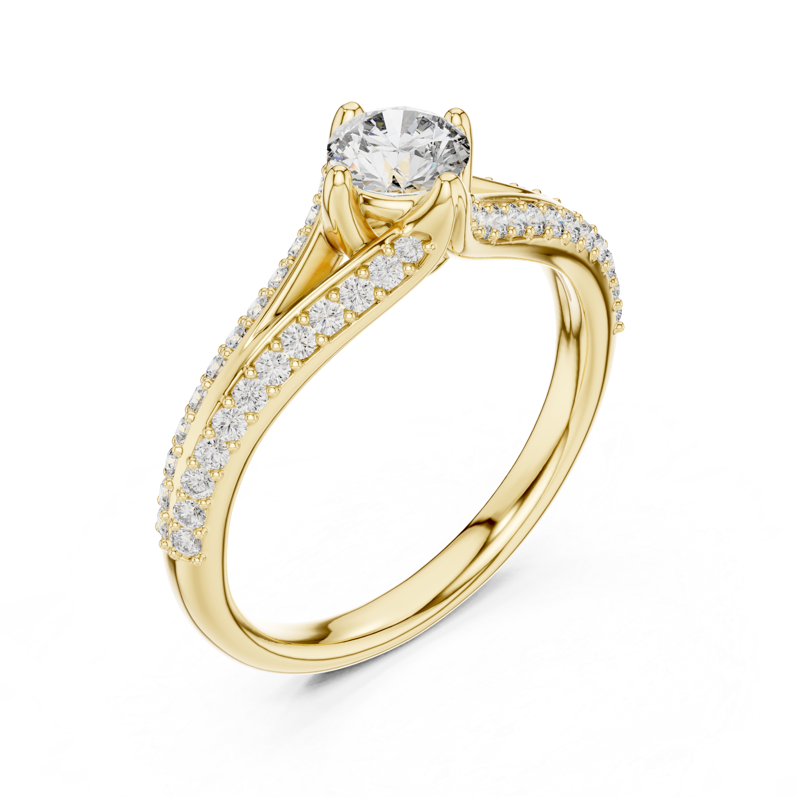 Yellow gold split-shank pavé engagement ring with round center diamond, three-quarter view