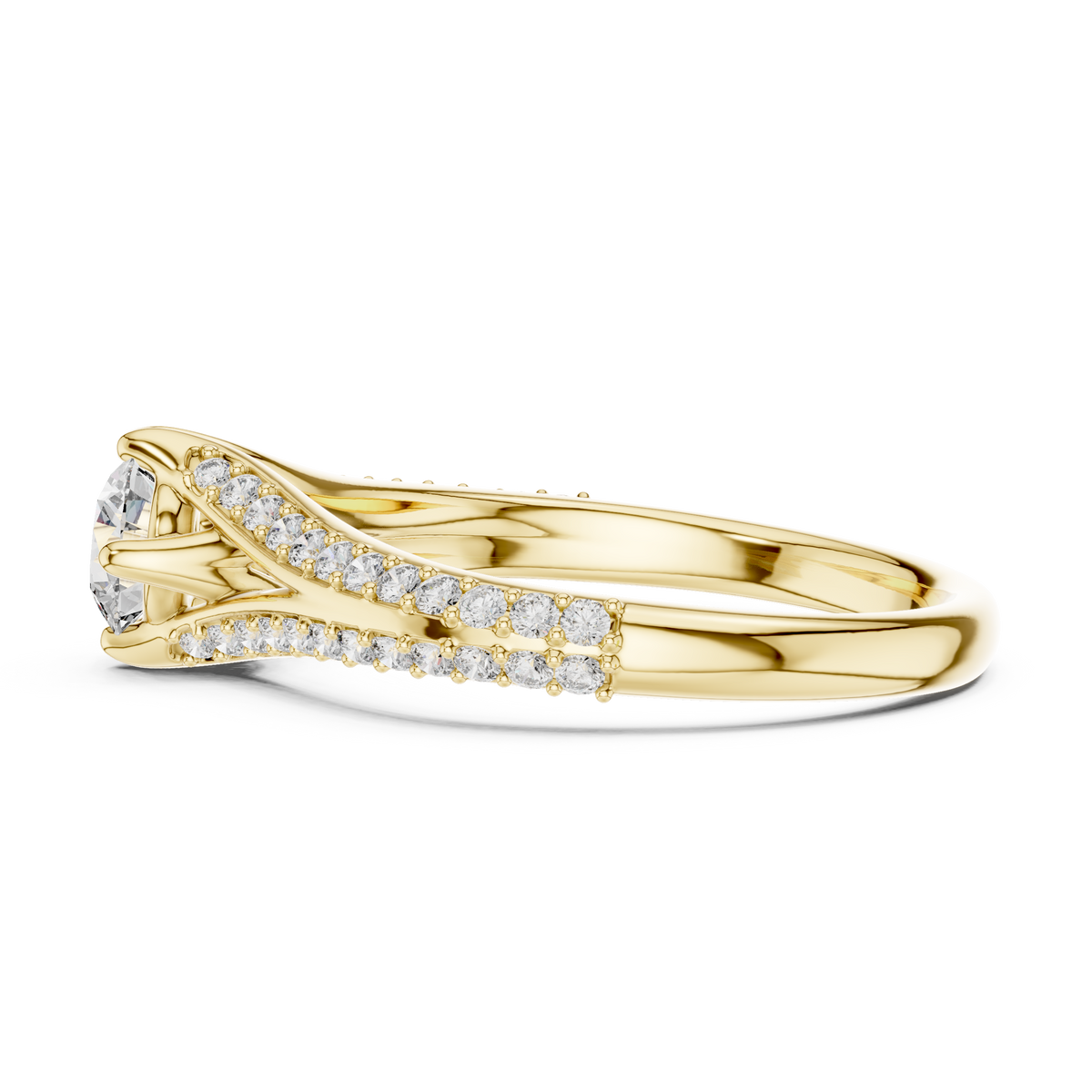 Yellow gold split shank diamond ring with round center diamond and pavé band