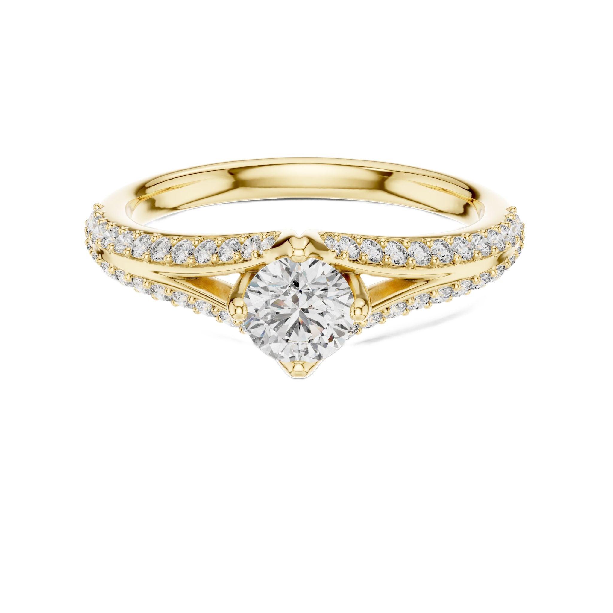 Yellow gold split shank diamond ring with round center diamond and pavé row setting