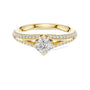 Yellow gold split shank diamond ring with round center diamond and pavé row setting