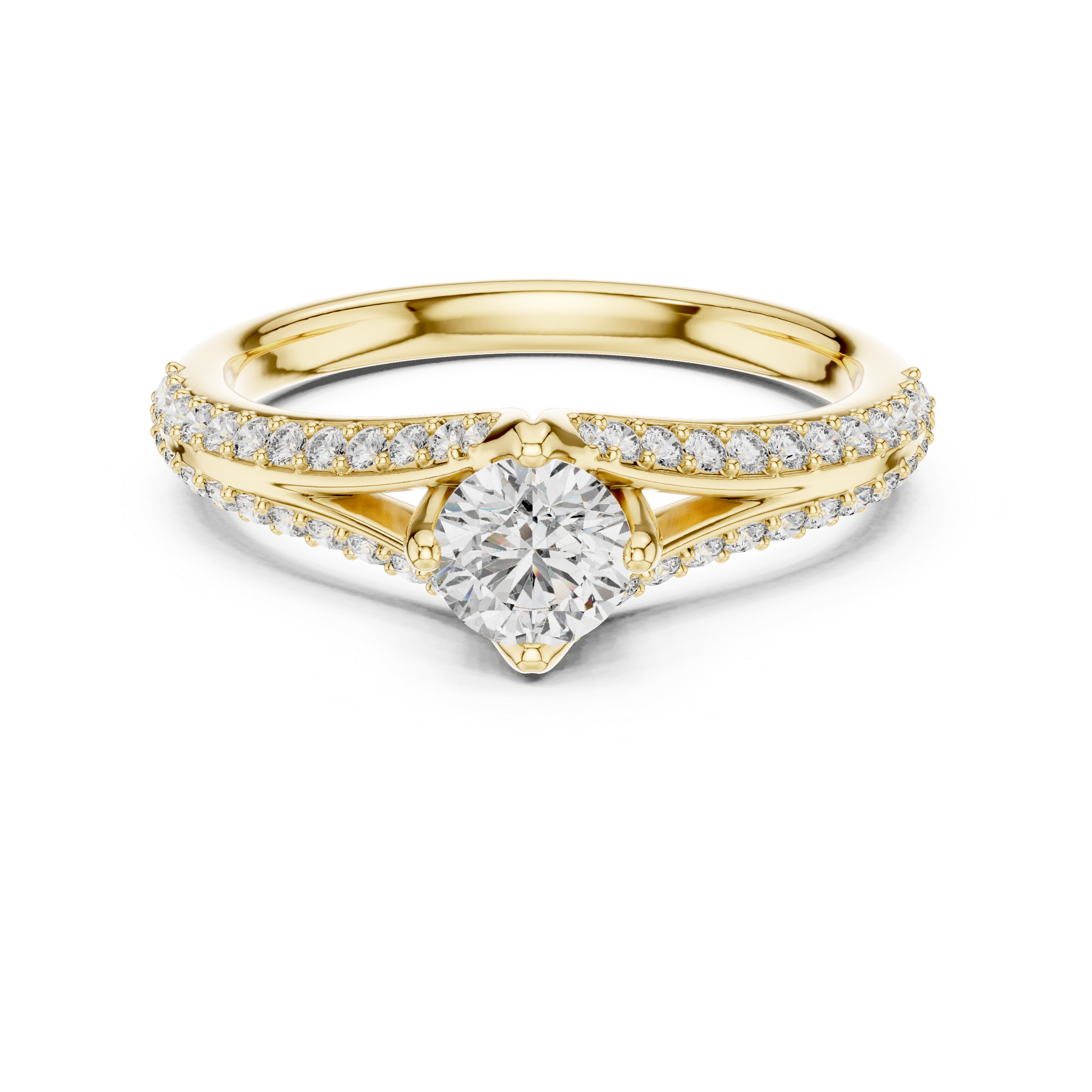 Yellow gold split shank diamond ring with round center diamond and pavé row setting