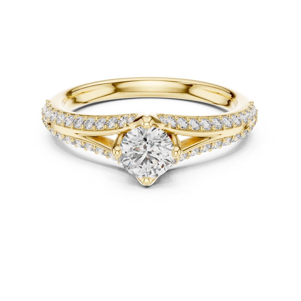 Yellow gold split-shank pavé engagement ring with round center diamond, front view