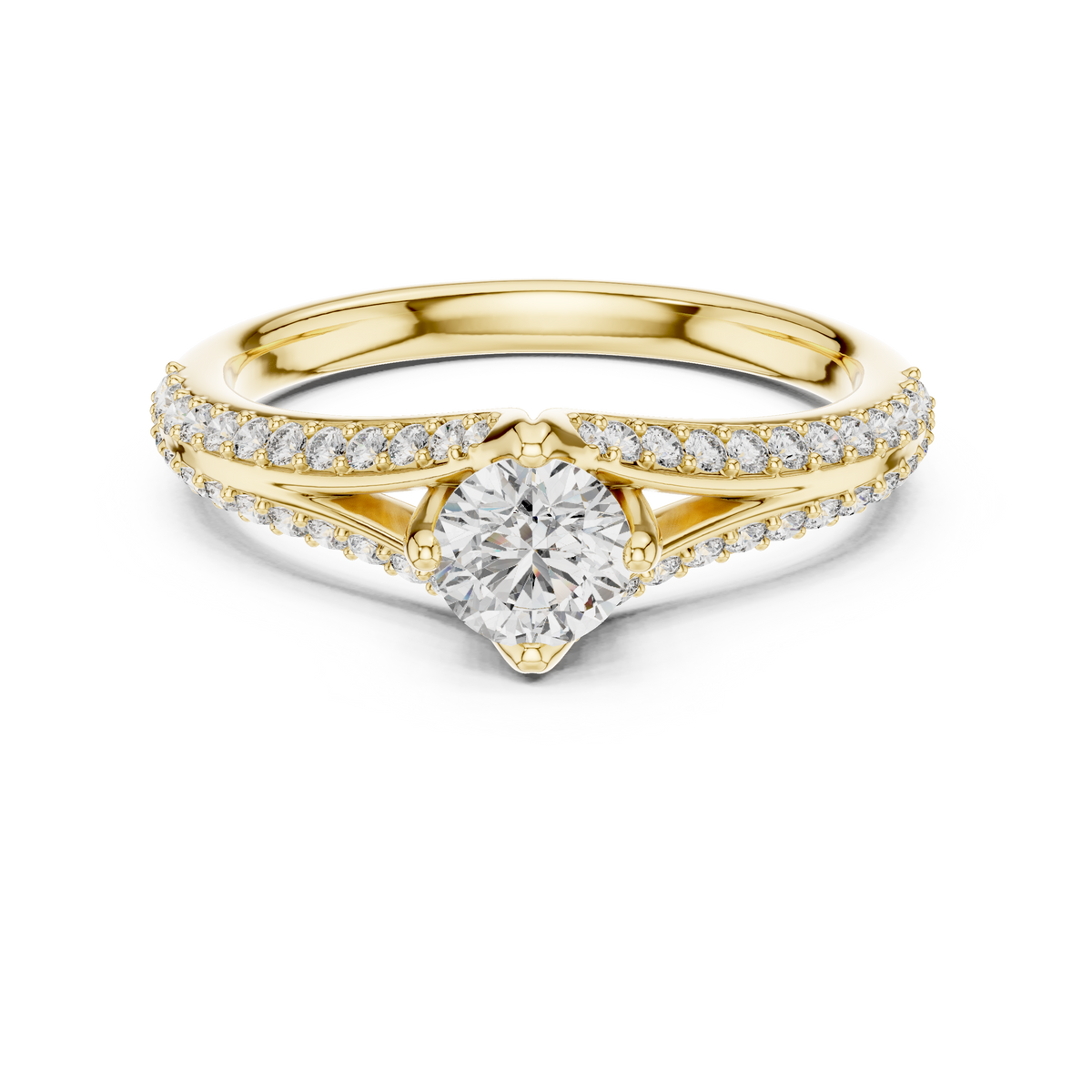 Yellow gold split shank diamond ring with round center diamond and pavé row setting