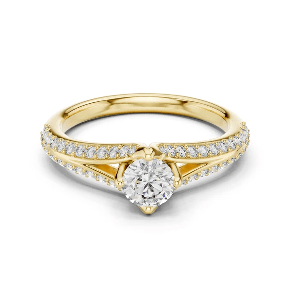 Yellow gold split shank diamond ring with round center diamond and pavé band