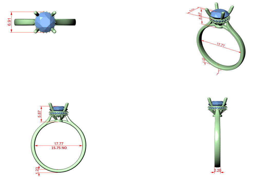 Engagement ring design diagram with blue round center stone and halo, side view angles