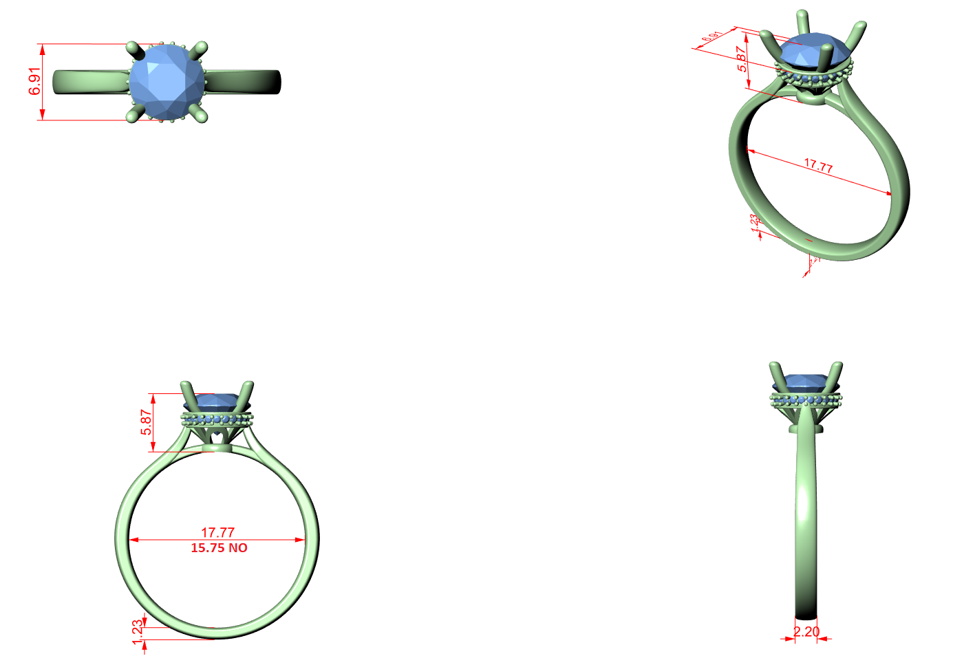 Engagement ring design diagram with blue round center stone and halo, side view angles