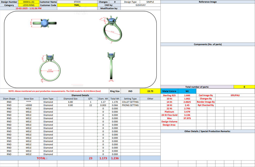 Jewelry ring specification sheet with CAD diagram thumbnails and component table