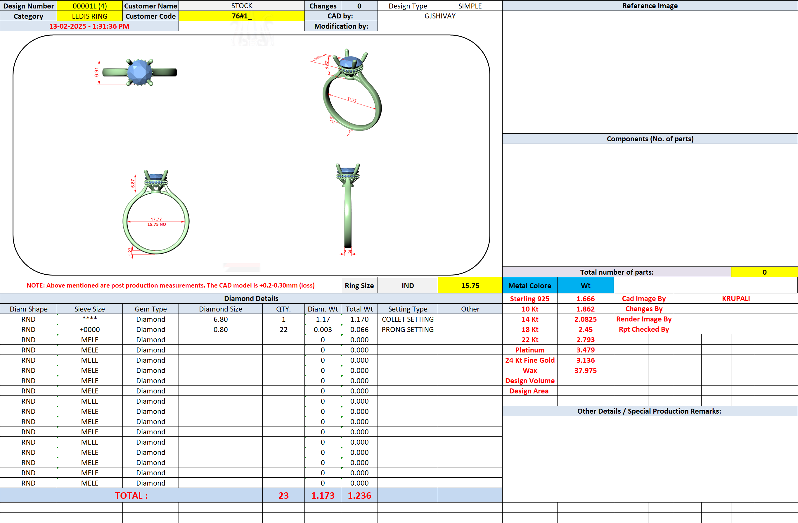 Jewelry ring specification sheet with CAD diagram thumbnails and component table