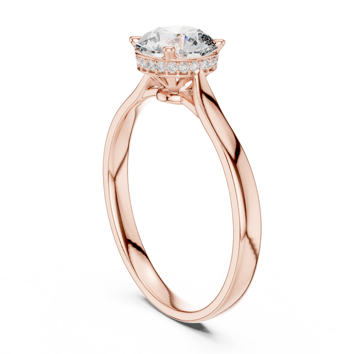 Rose gold engagement ring with round center diamond and hidden halo cathedral setting