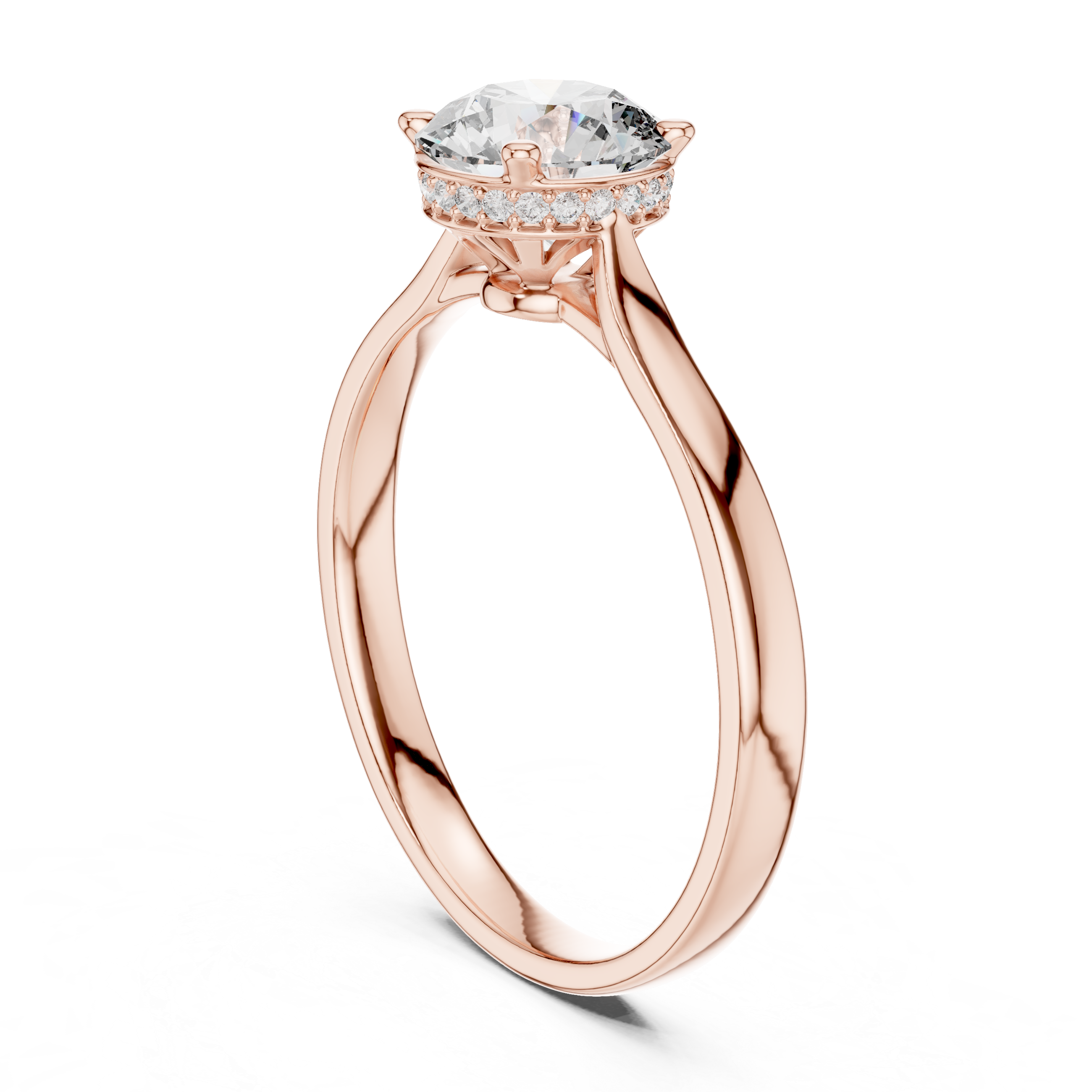 Rose gold engagement ring with round center diamond and hidden halo cathedral setting