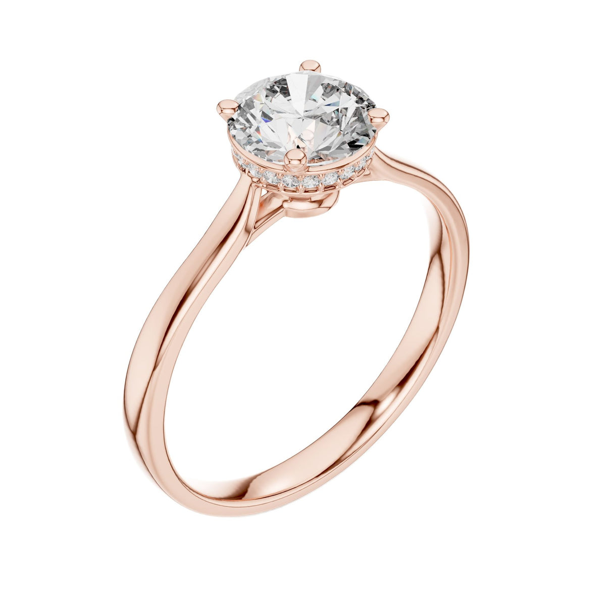 Rose gold engagement ring with round center diamond and hidden halo cathedral prongs