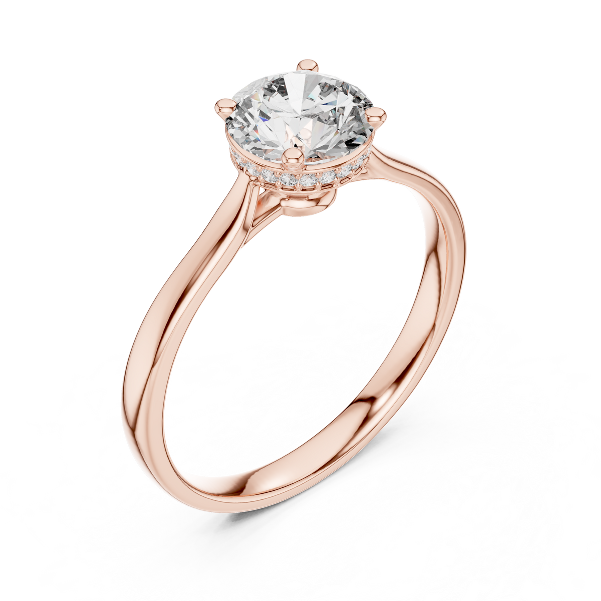 Rose gold engagement ring with round center diamond and hidden halo cathedral prongs