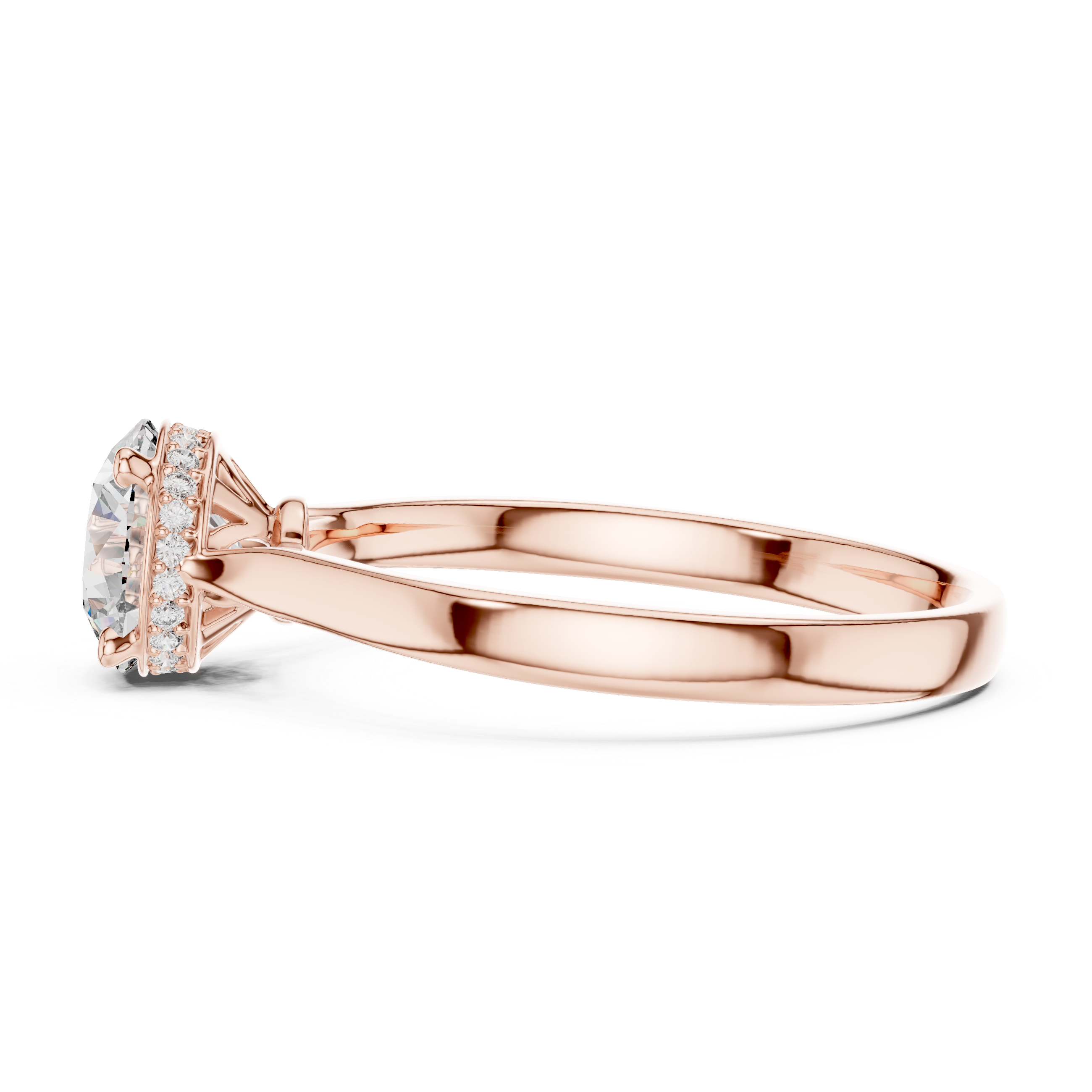 Rose gold engagement ring with round center diamond, halo detail, and cathedral band