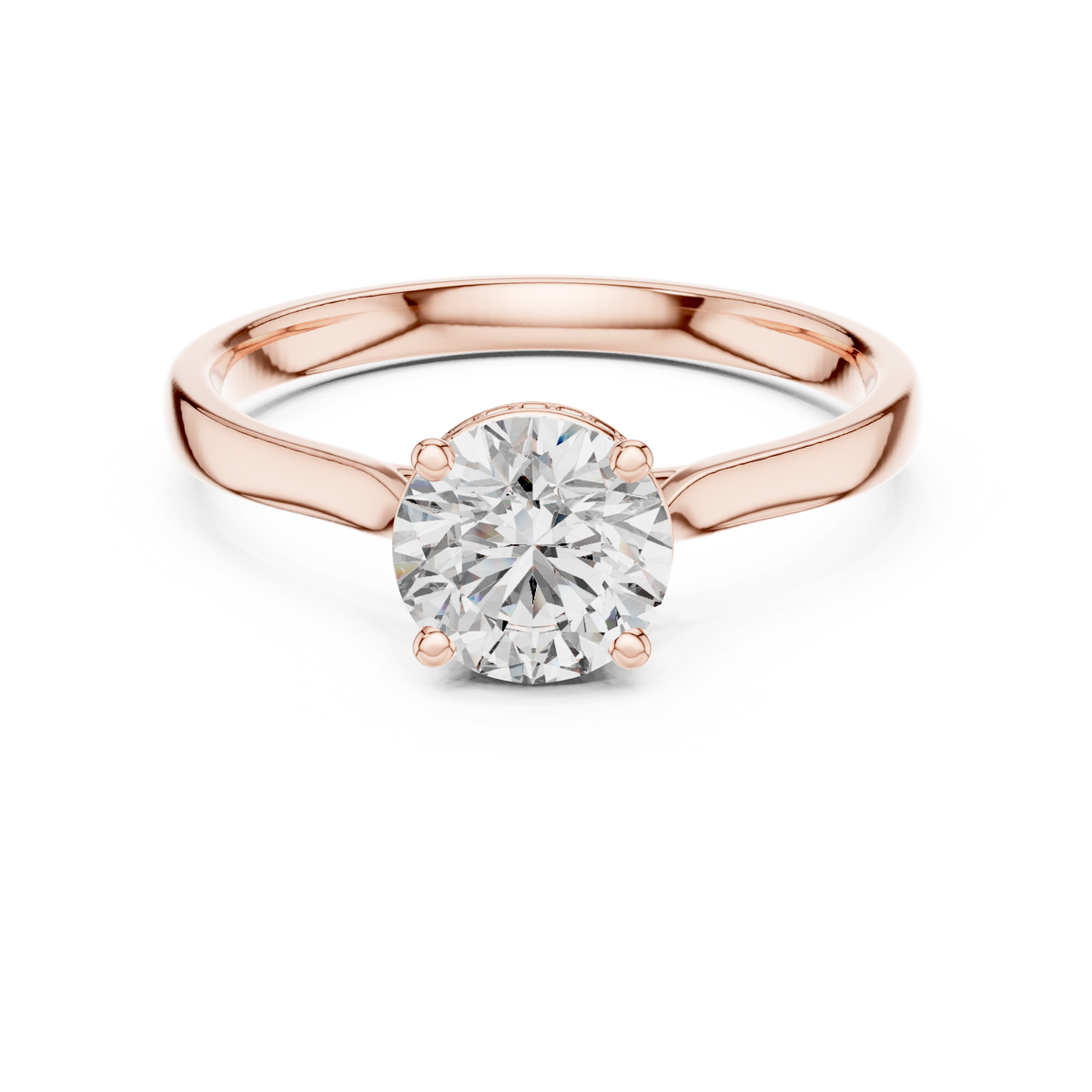 Rose gold solitaire engagement ring with round center diamond and hidden halo border
