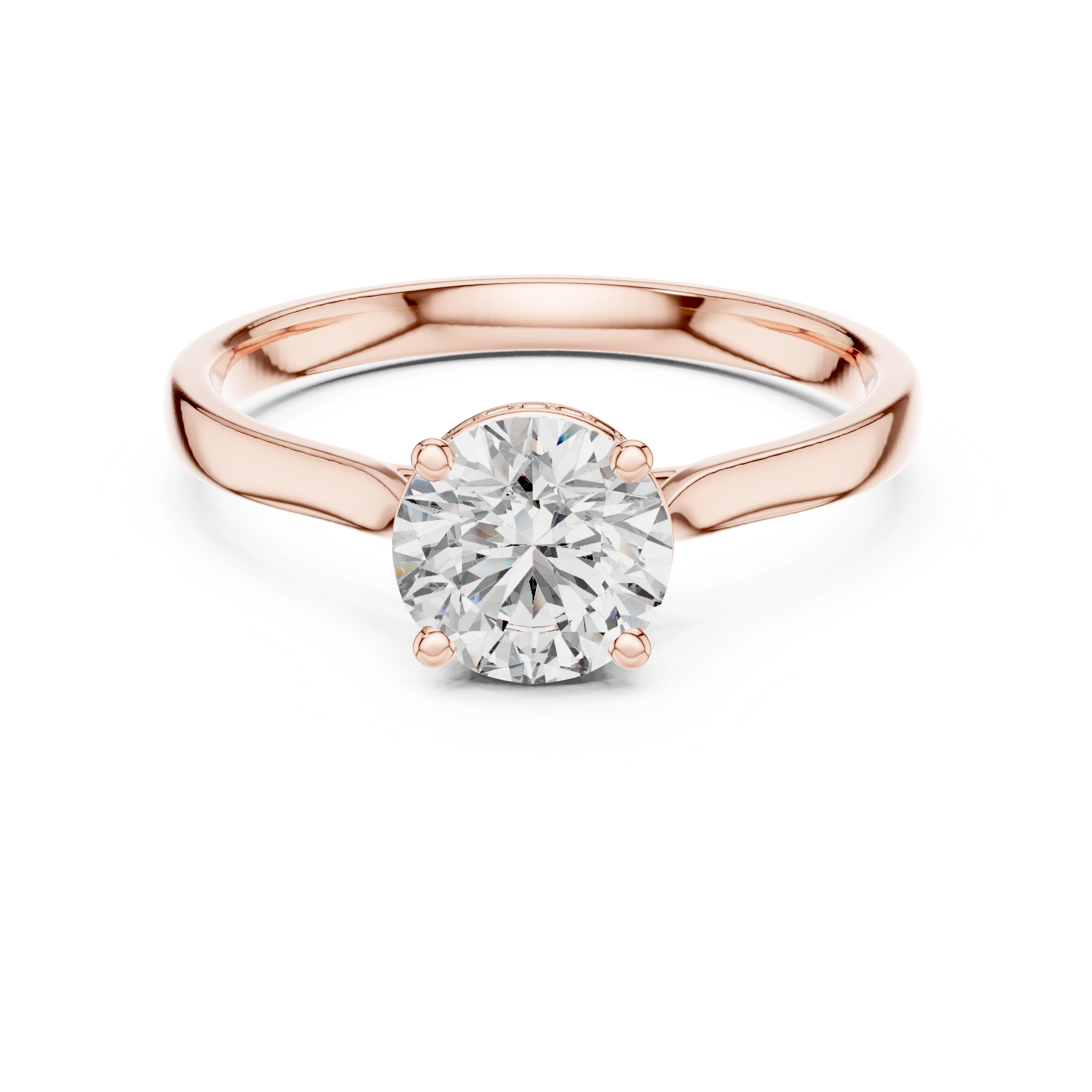 Rose gold solitaire engagement ring with round center diamond and hidden halo border