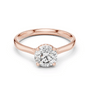 Rose gold diamond ring with round center stone and halo prong setting