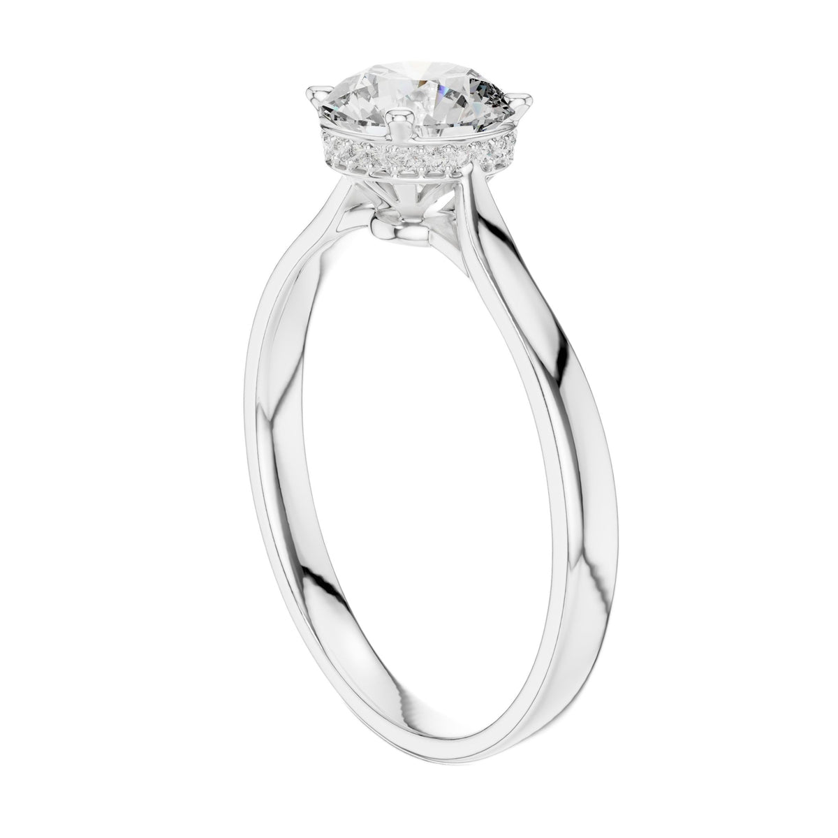 White gold engagement ring with round center diamond and hidden halo cathedral setting