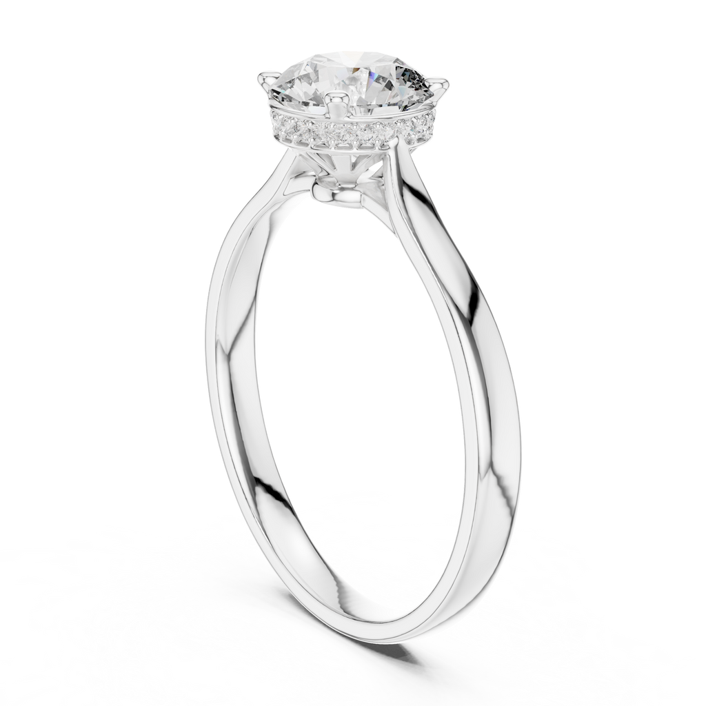 White gold engagement ring with round center diamond and hidden halo cathedral setting