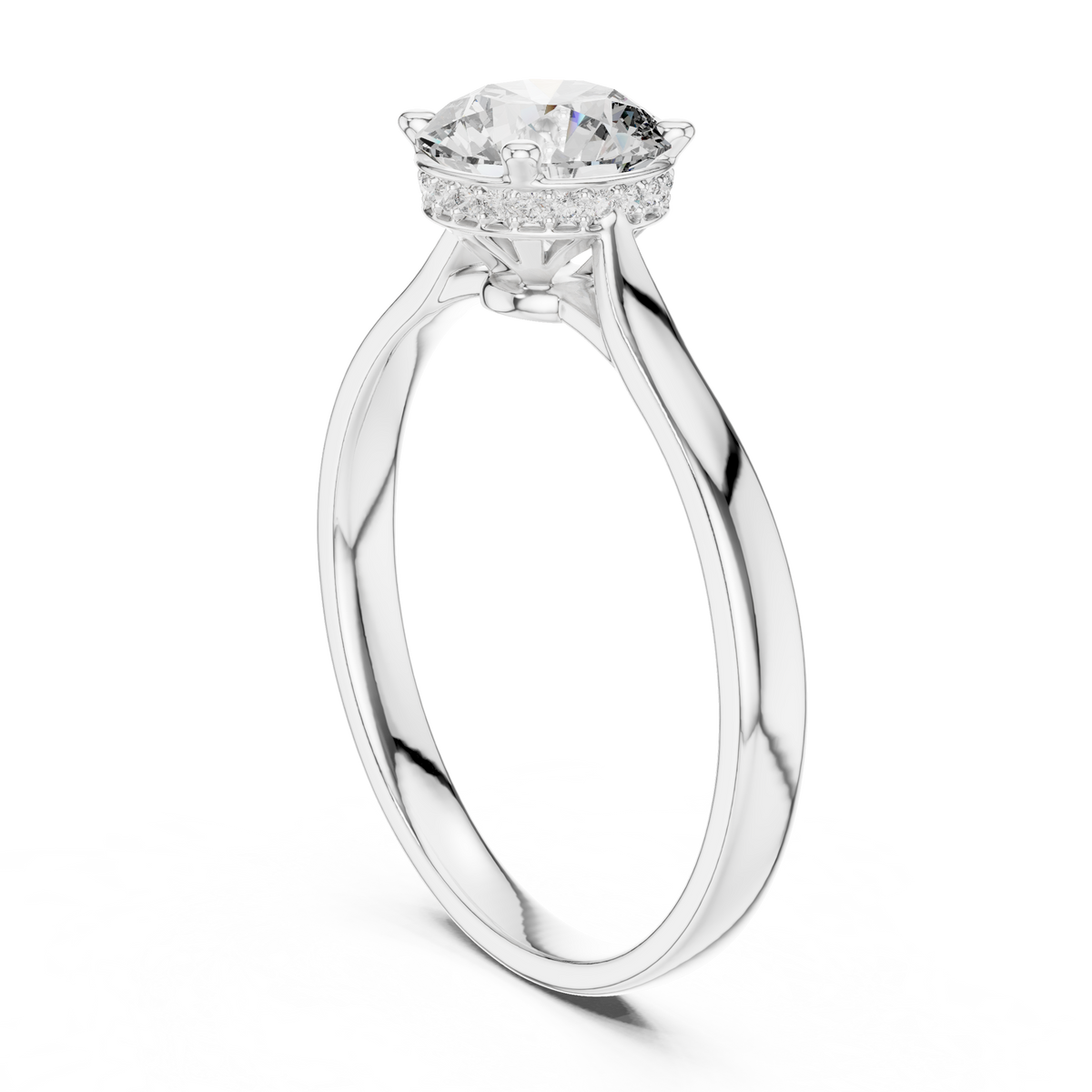 White gold engagement ring with round center diamond and hidden halo cathedral setting