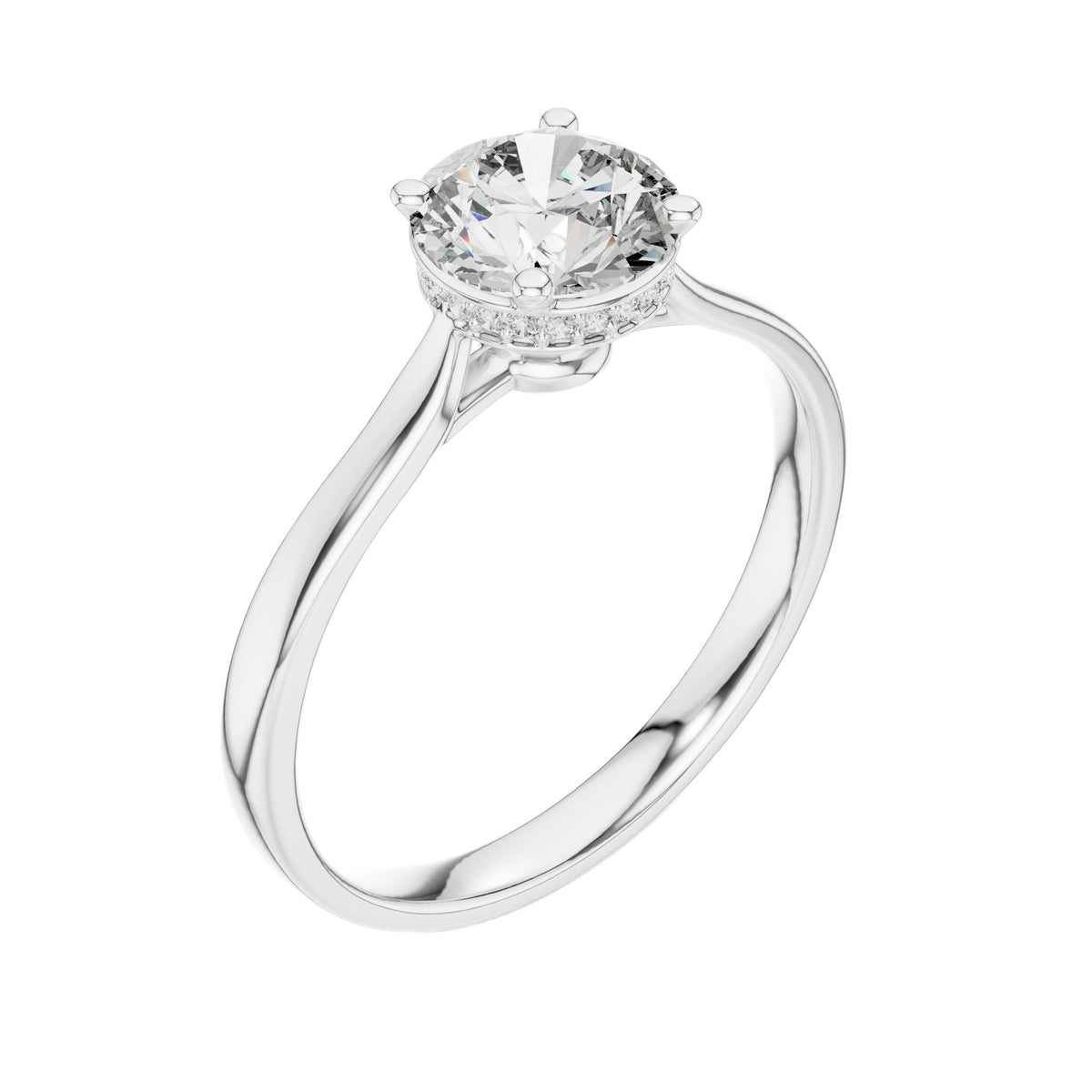 White gold engagement ring with round center diamond and hidden halo cathedral prongs
