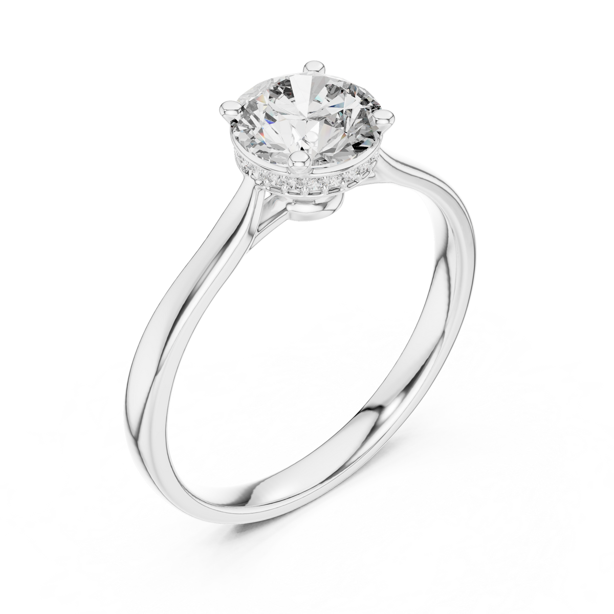 White gold engagement ring with round center diamond and hidden halo cathedral prongs