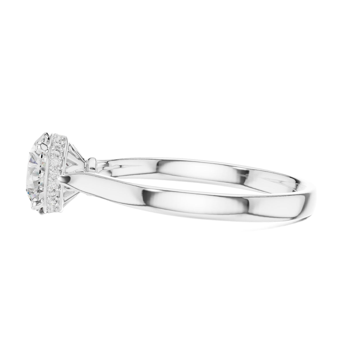 White gold engagement ring with round center diamond, halo detail, and cathedral band