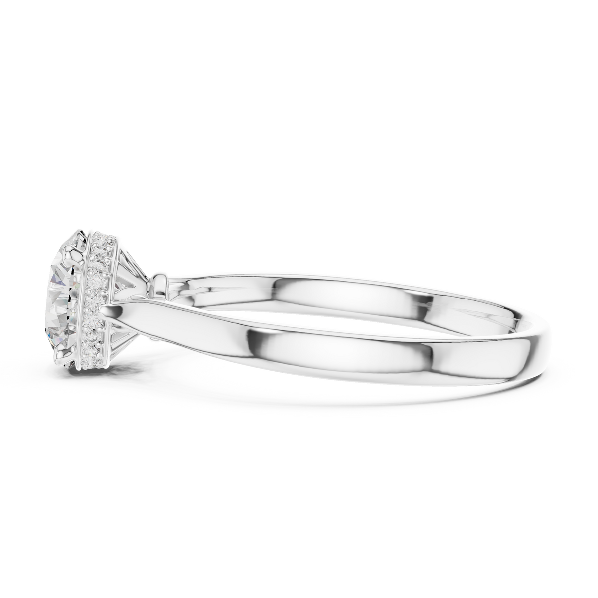 White gold engagement ring with round center diamond, halo detail, and cathedral band
