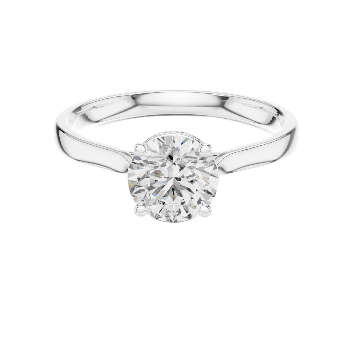 White gold solitaire engagement ring with round center diamond and hidden halo border