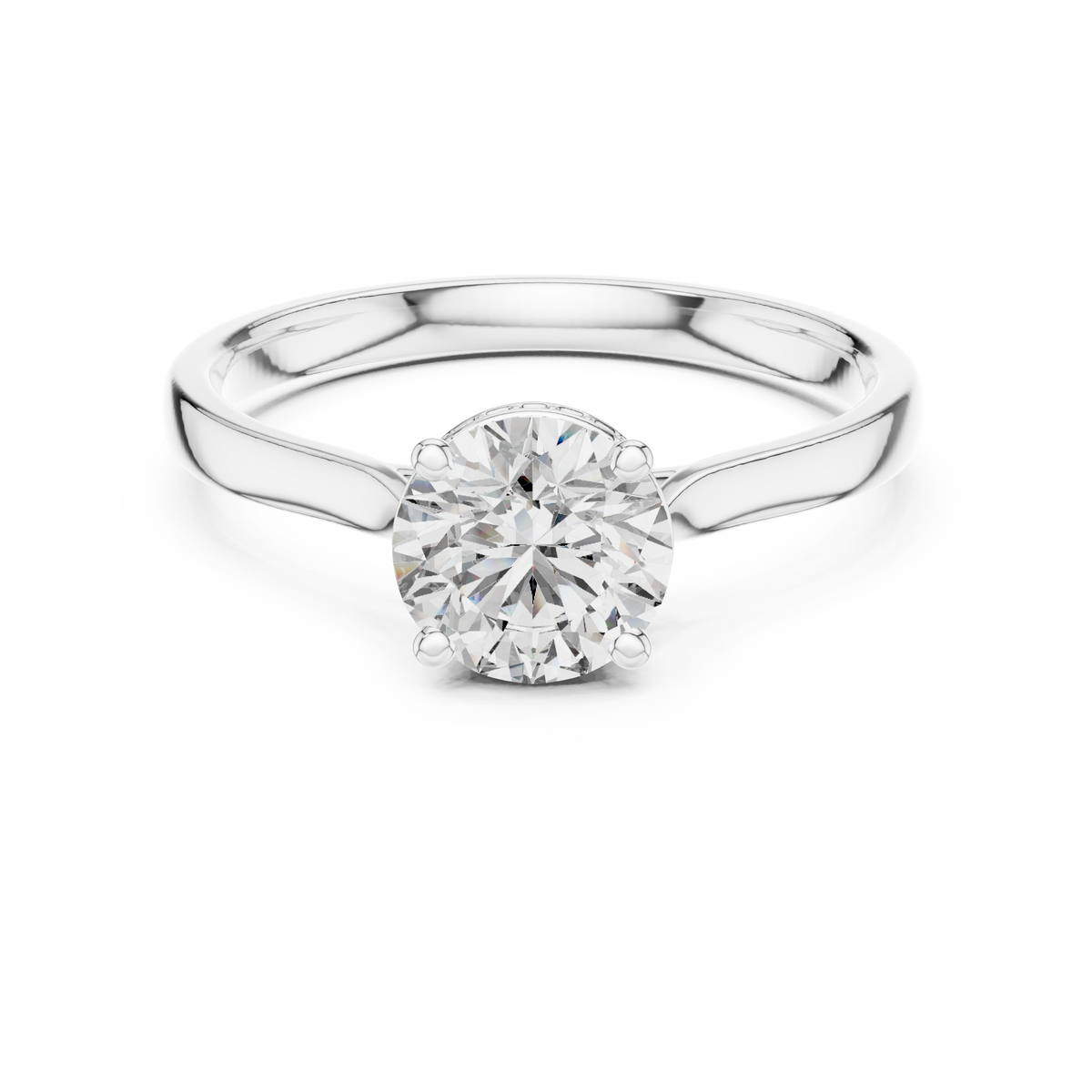 White gold solitaire engagement ring with round center diamond and hidden halo border