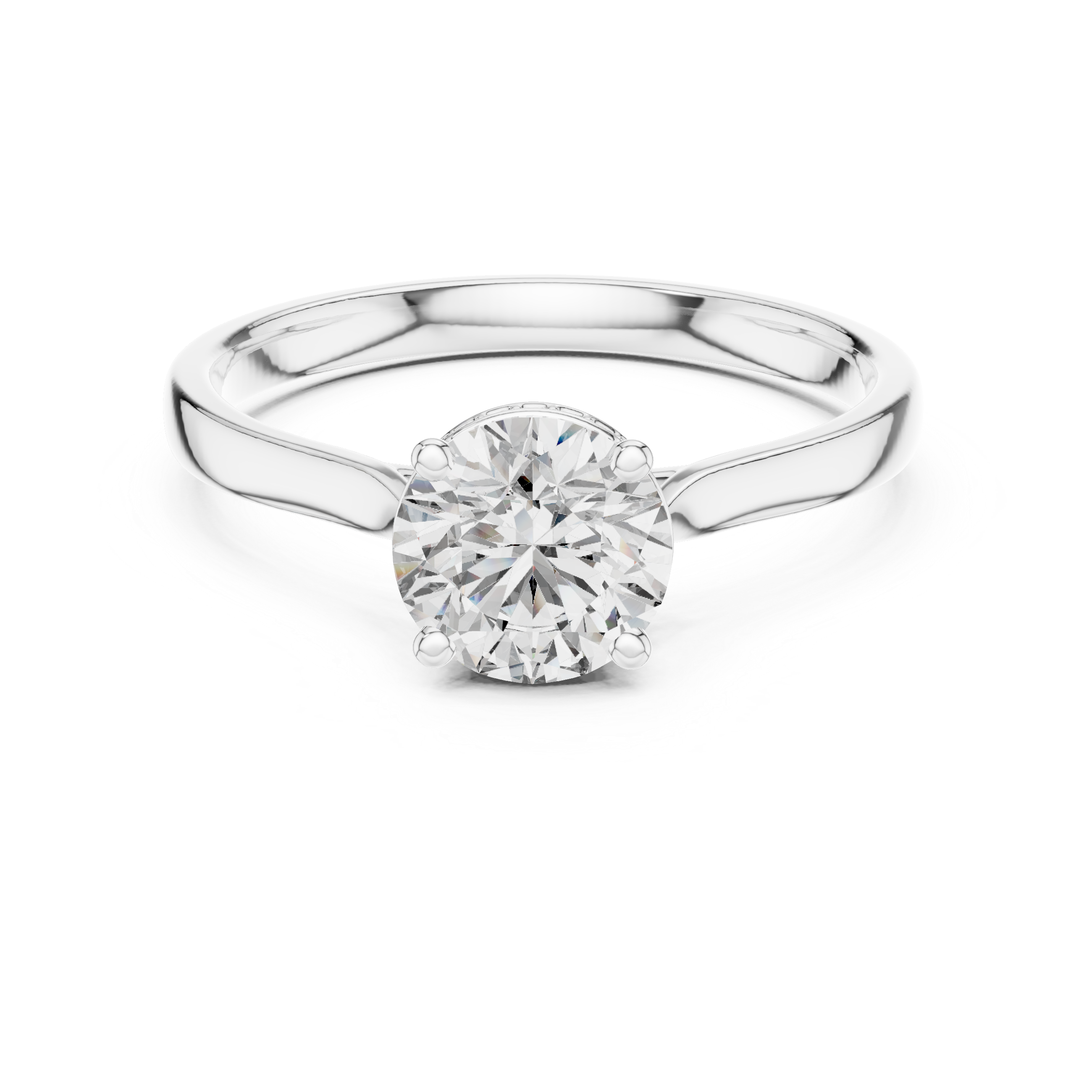 White gold solitaire engagement ring with round center diamond and hidden halo border