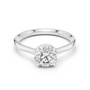 White metal diamond ring with round center stone and halo prong setting