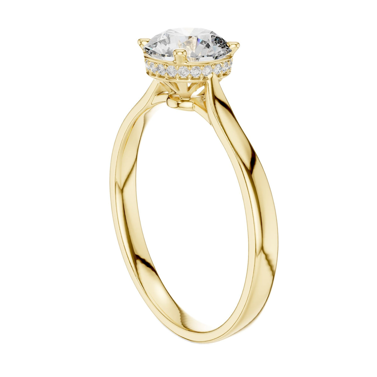 Yellow gold diamond ring with round center stone and hidden halo setting