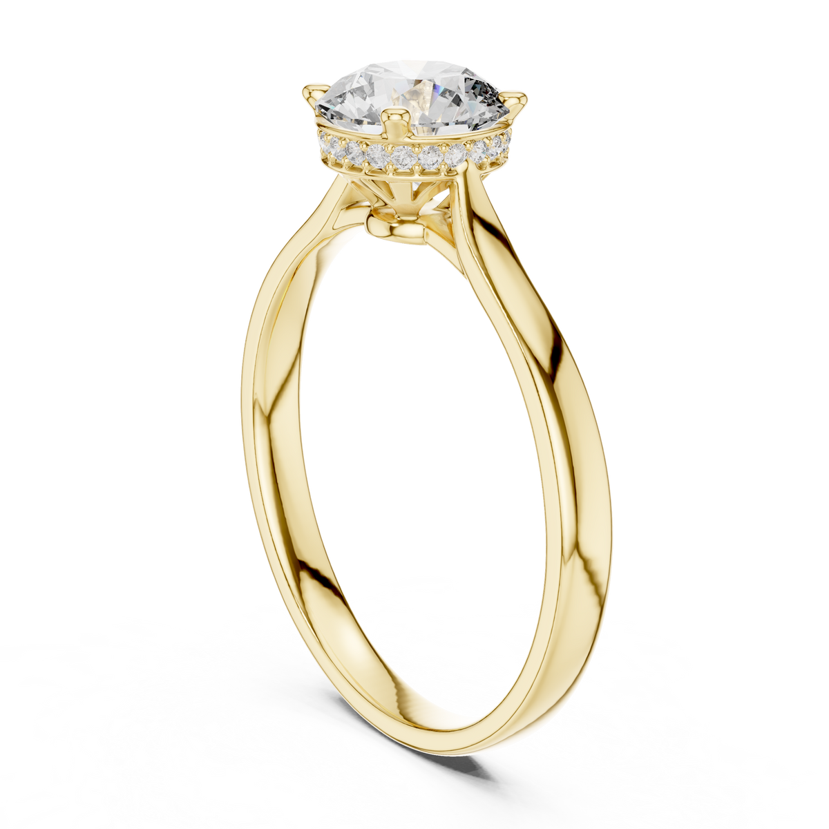 Yellow gold diamond ring with round center stone and hidden halo setting
