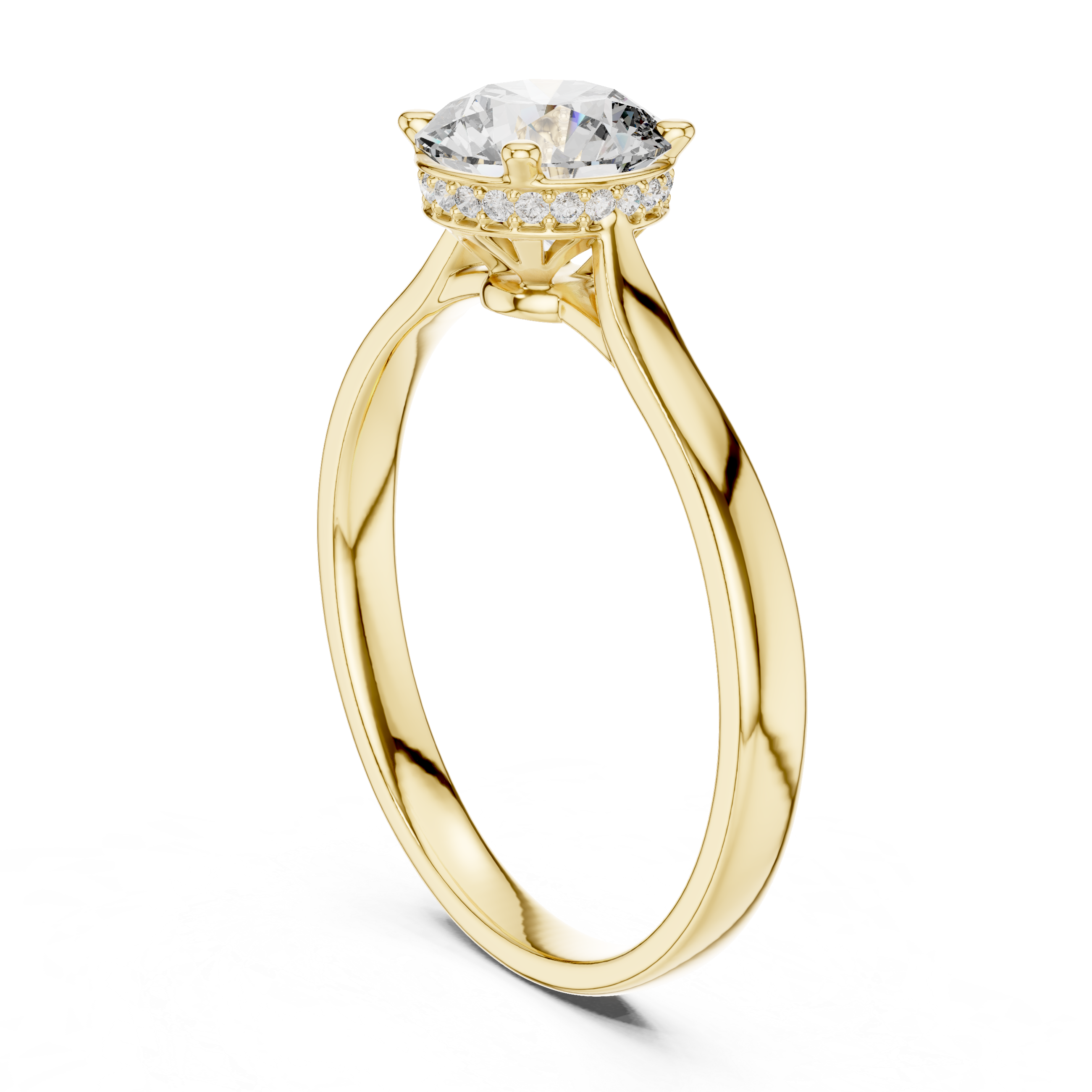 Yellow gold engagement ring with round center diamond and hidden halo cathedral setting