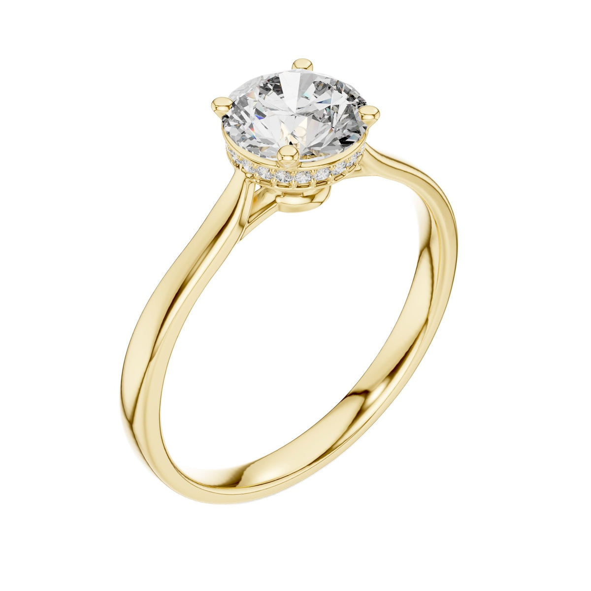 Yellow gold diamond ring with round center stone and curved hidden halo