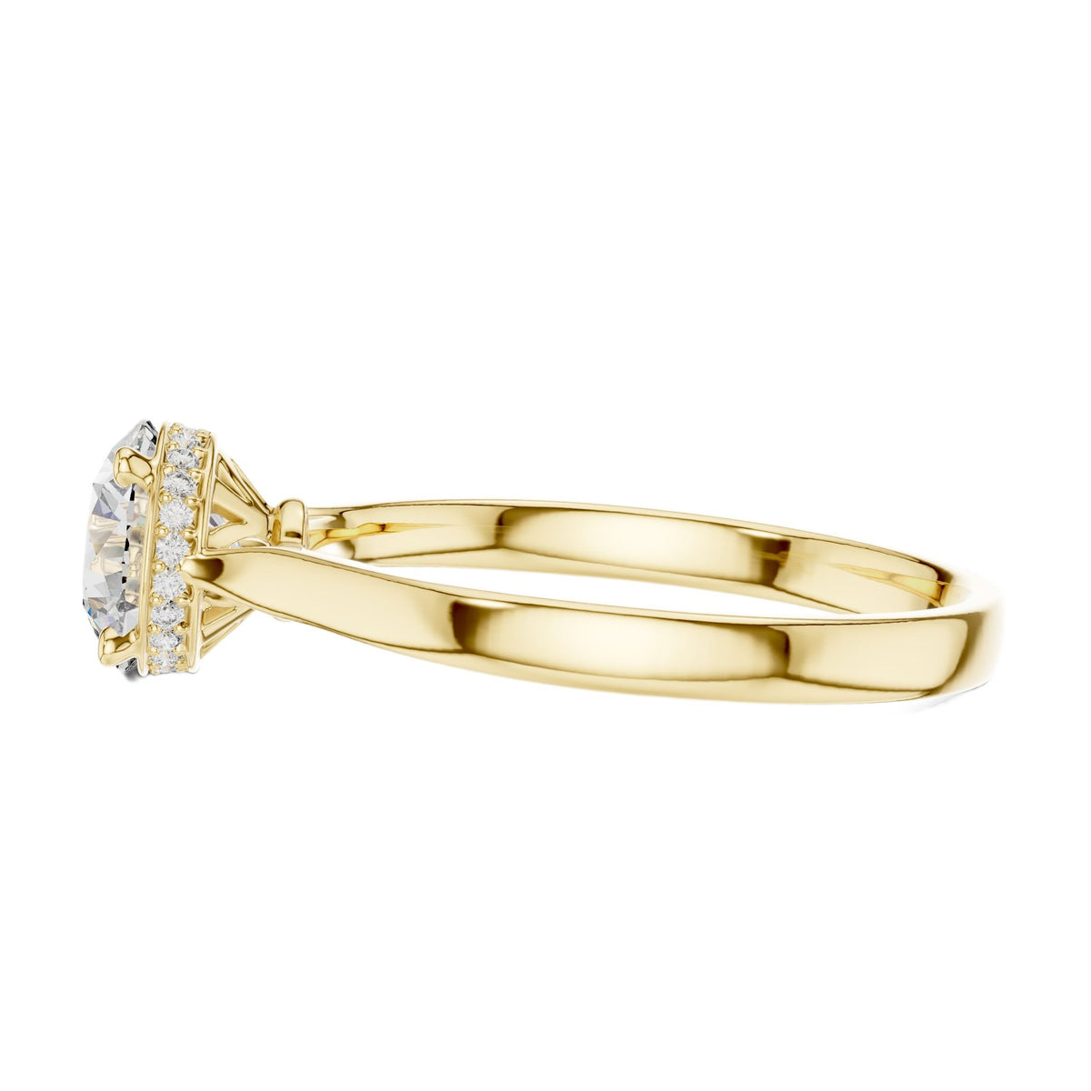 Yellow gold diamond ring with round center stone and bead-set pavé halo