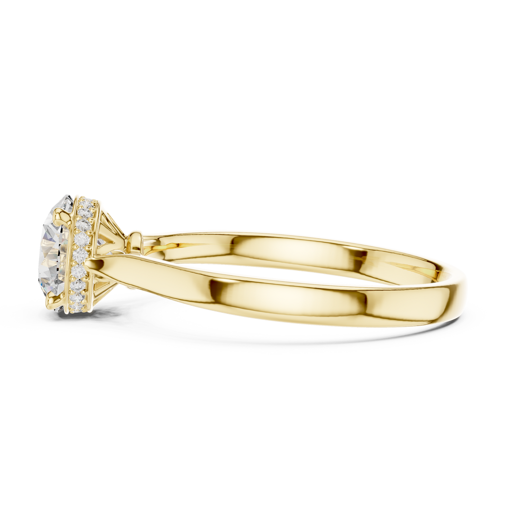 Yellow gold engagement ring with round diamond center, hidden halo, cathedral setting
