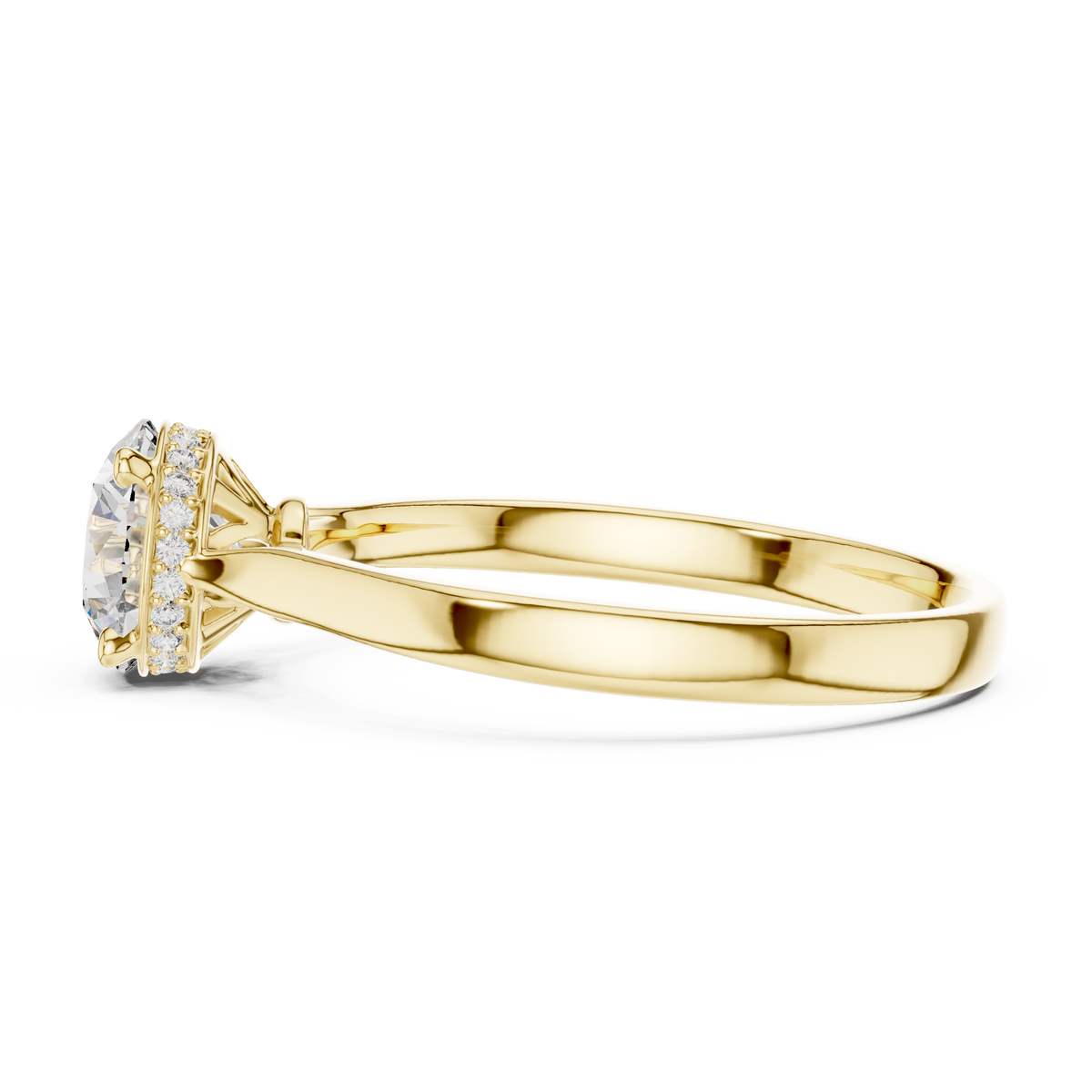 Yellow gold diamond ring with round center stone and bead-set pavé halo